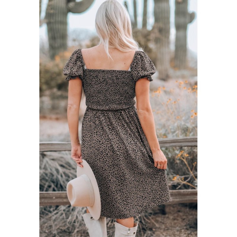 Brown Leopard Square Neck Puff Sleeve Smocking Dress - from category Midi Dresses (Dsipark.com | Best Online Shopping Website for Discounted Deals)