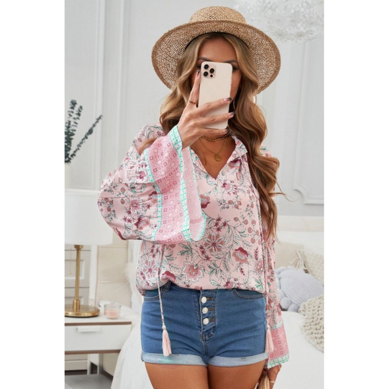 Pink Floral Print V Neck Drawstring Flared Sleeve Top - from category Long Sleeve Tops (Dsipark.com | Best Online Shopping Website for Discounted Deals)