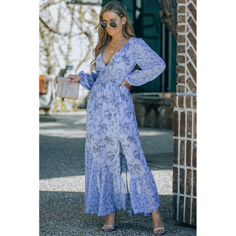 Sky Blue Floral Print Bubble Sleeves Hollow-out Back Maxi Dress - from category Maxi Dresses (Dsipark.com | Best Online Shopping Website for Discounted Deals)