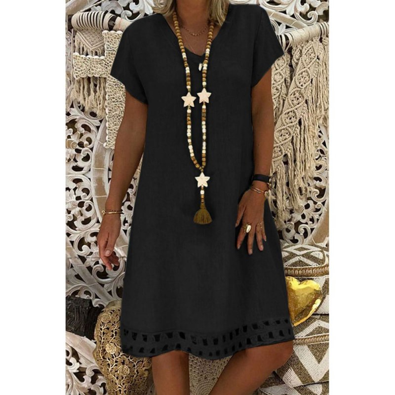 Black V Neck Short Sleeve Hollow-out Hem Midi Dress - from category Midi Dresses (Dsipark.com | Best Online Shopping Website for Discounted Deals)
