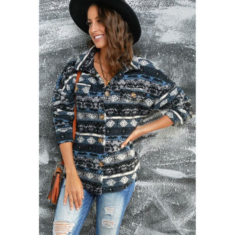 Blue Tribal Print Pocket Buttoned Sherpa Jacket - from category Jackets & Coats (Dsipark.com | Best Online Shopping Website for Discounted Deals)