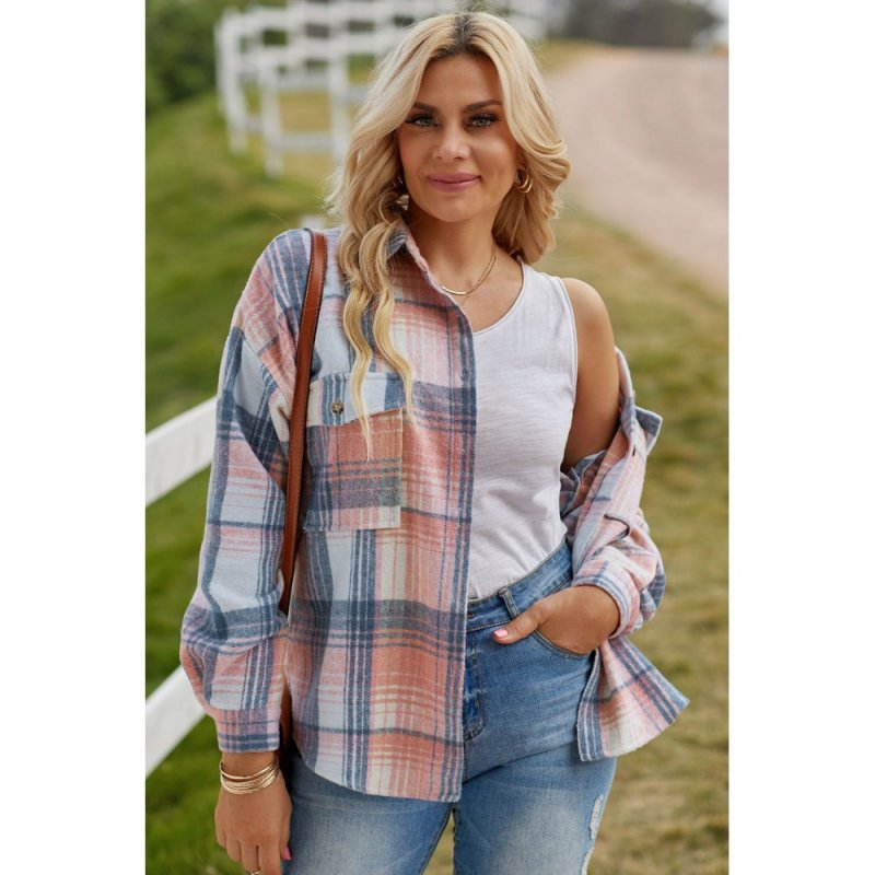 Pink Plaid Flap Pockets Shacket - from category Jackets & Coats (Dsipark.com | Best Online Shopping Website for Discounted Deals)