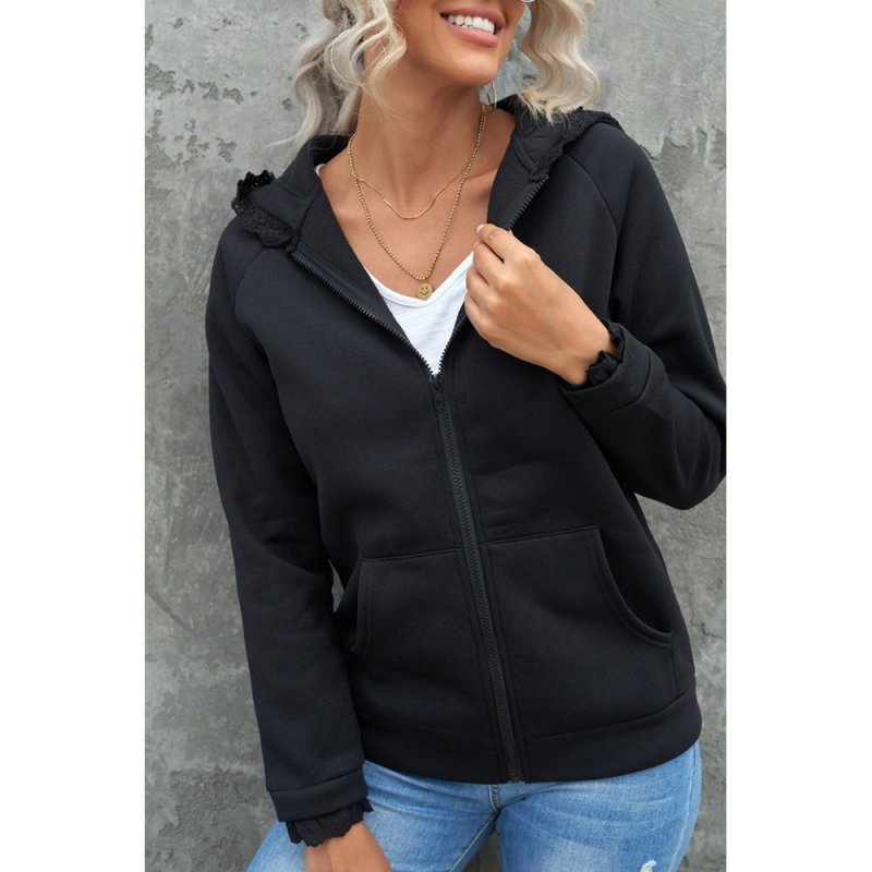 Black Zip-up Lace Trim Hooded Coat - from category Jackets & Coats (Dsipark.com | Best Online Shopping Website for Discounted Deals)