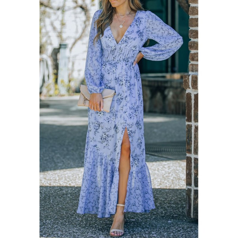 Sky Blue Floral Print Bubble Sleeves Hollow-out Back Maxi Dress - from category Maxi Dresses (Dsipark.com | Best Online Shopping Website for Discounted Deals)