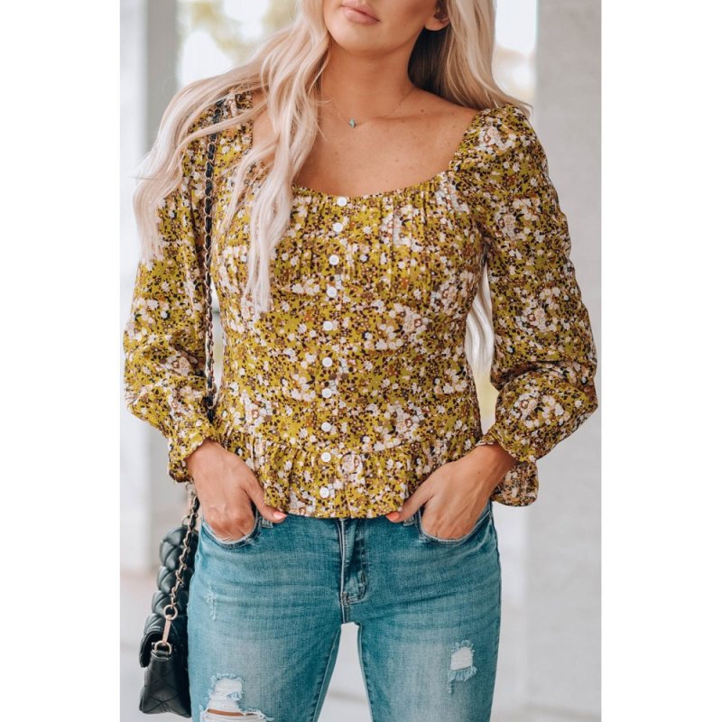 Yellow Square Neck Smocked Floral Top - from category Long Sleeve Tops (Dsipark.com | Best Online Shopping Website for Discounted Deals)