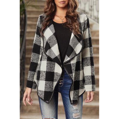 Black?Plaid Long Sleeve Asymmetric Collar Open Front Coat - from category Jackets & Coats (Dsipark.com | Best Online Shopping Website for Discounted Deals)