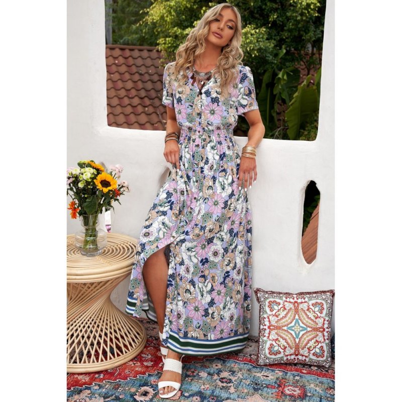 Purple Buttons Closure Floral Short Sleeves Maxi Dress - from category Maxi Dresses (Dsipark.com | Best Online Shopping Website for Discounted Deals)