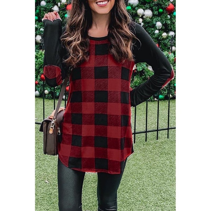 Red Plaid Long Sleeve Top with Elbow Patch - from category Long Sleeve Tops (Dsipark.com | Best Online Shopping Website for Discounted Deals)