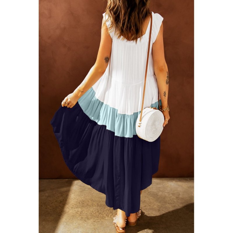 Blue High Low Tiered Colorblock Square Collar Midi Dress - from category Midi Dresses (Dsipark.com | Best Online Shopping Website for Discounted Deals)