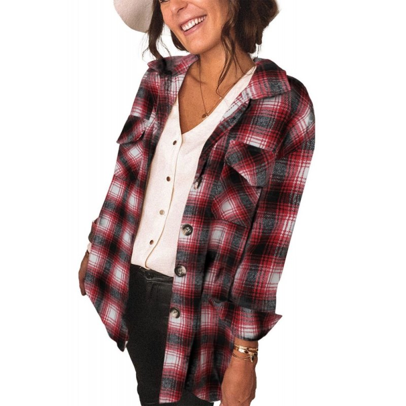 Red Plaid Button Closure Pocket Jacket - from category Jackets & Coats (Dsipark.com | Best Online Shopping Website for Discounted Deals)
