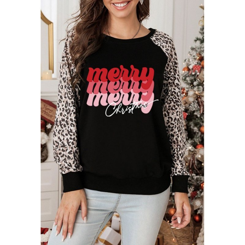 Christmas Letter Print Leopard Long Sleeve Shirt - from category Long Sleeve Tops (Dsipark.com | Best Online Shopping Website for Discounted Deals)