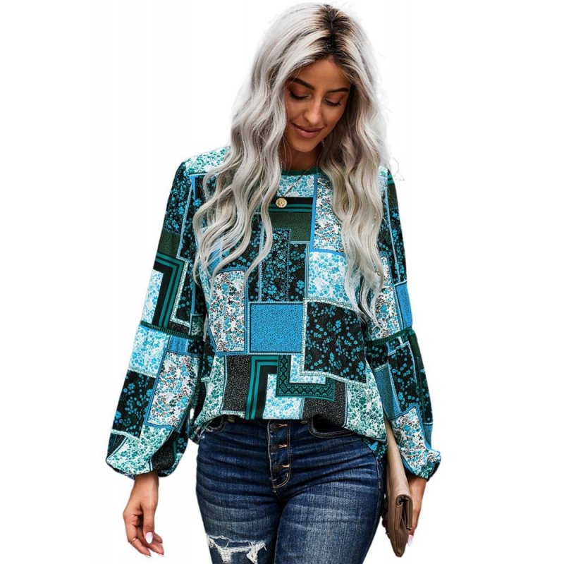 Blue Bohemian Floral Print Patchwork Top - from category Long Sleeve Tops (Dsipark.com | Best Online Shopping Website for Discounted Deals)