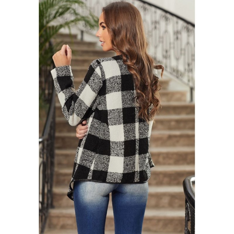 Black?Plaid Long Sleeve Asymmetric Collar Open Front Coat - from category Jackets & Coats (Dsipark.com | Best Online Shopping Website for Discounted Deals)
