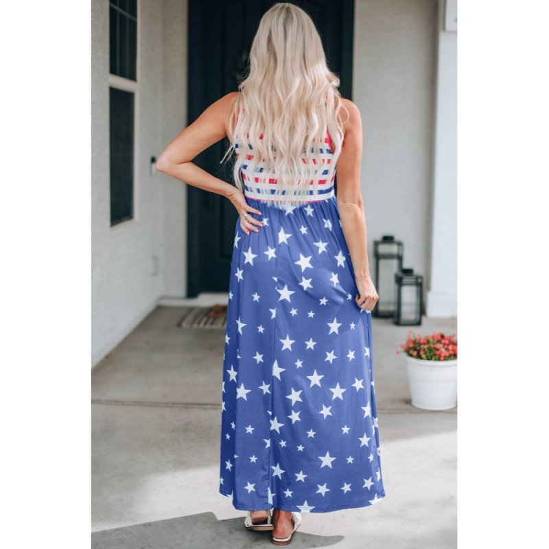 Blue Stripes and Stars Sleeveless Maxi Dress with Pockets - from category Maxi Dresses (Dsipark.com | Best Online Shopping Website for Discounted Deals)