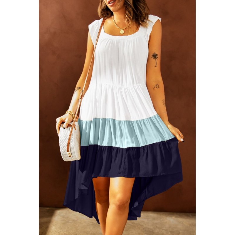 Blue High Low Tiered Colorblock Square Collar Midi Dress - from category Midi Dresses (Dsipark.com | Best Online Shopping Website for Discounted Deals)