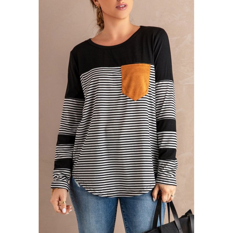Black Pinstripe Patch Pocket Top - from category Long Sleeve Tops (Dsipark.com | Best Online Shopping Website for Discounted Deals)