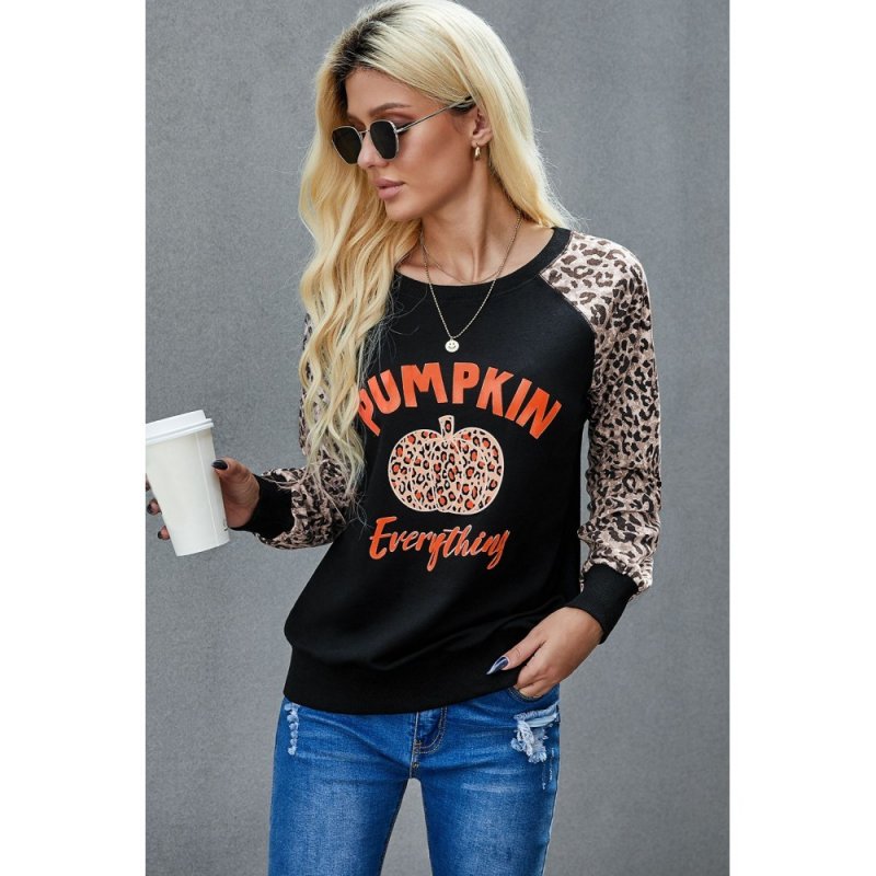 Halloween Leopard Pumpkin Print Long Sleeve Crew Neck Top - from category Long Sleeve Tops (Dsipark.com | Best Online Shopping Website for Discounted Deals)