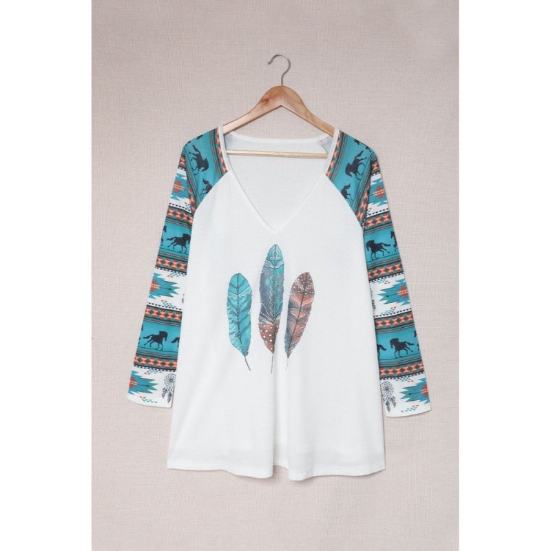 Western Aztec Geometric Feather Horse Blouse - from category Long Sleeve Tops (Dsipark.com | Best Online Shopping Website for Discounted Deals)