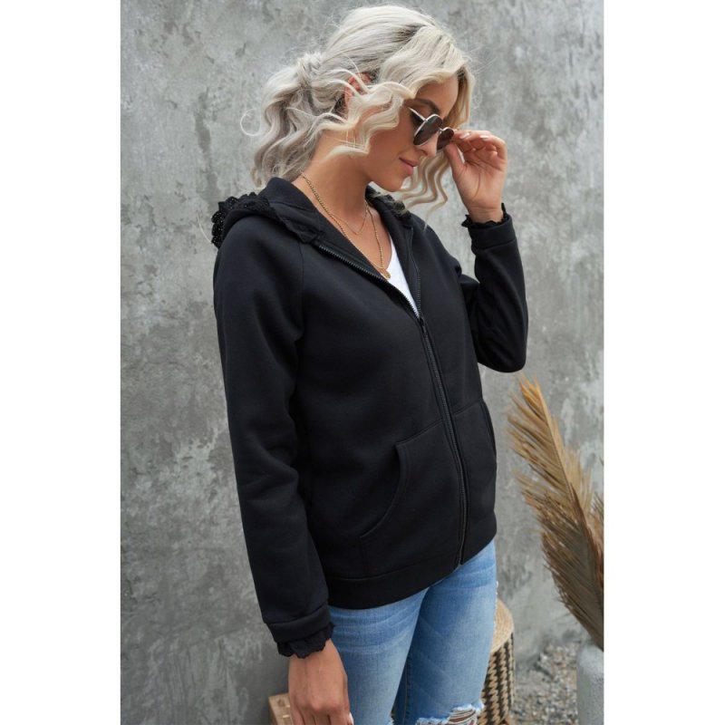 Black Zip-up Lace Trim Hooded Coat - from category Jackets & Coats (Dsipark.com | Best Online Shopping Website for Discounted Deals)