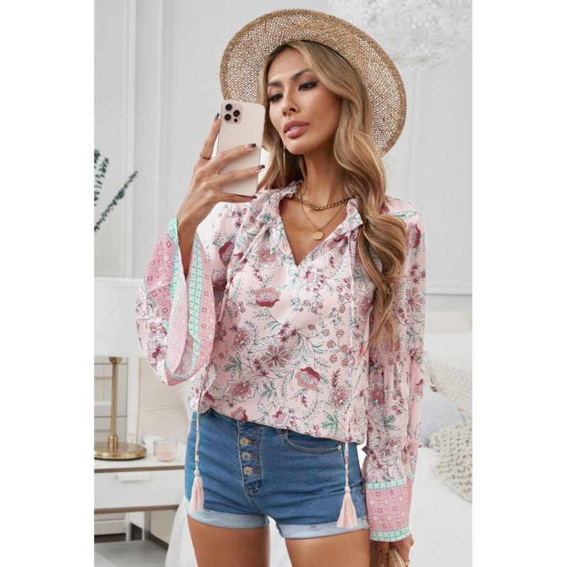 Pink Floral Print V Neck Drawstring Flared Sleeve Top - from category Long Sleeve Tops (Dsipark.com | Best Online Shopping Website for Discounted Deals)