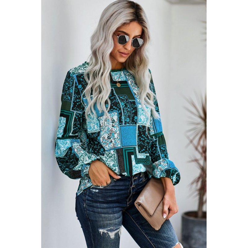 Blue Bohemian Floral Print Patchwork Top - from category Long Sleeve Tops (Dsipark.com | Best Online Shopping Website for Discounted Deals)