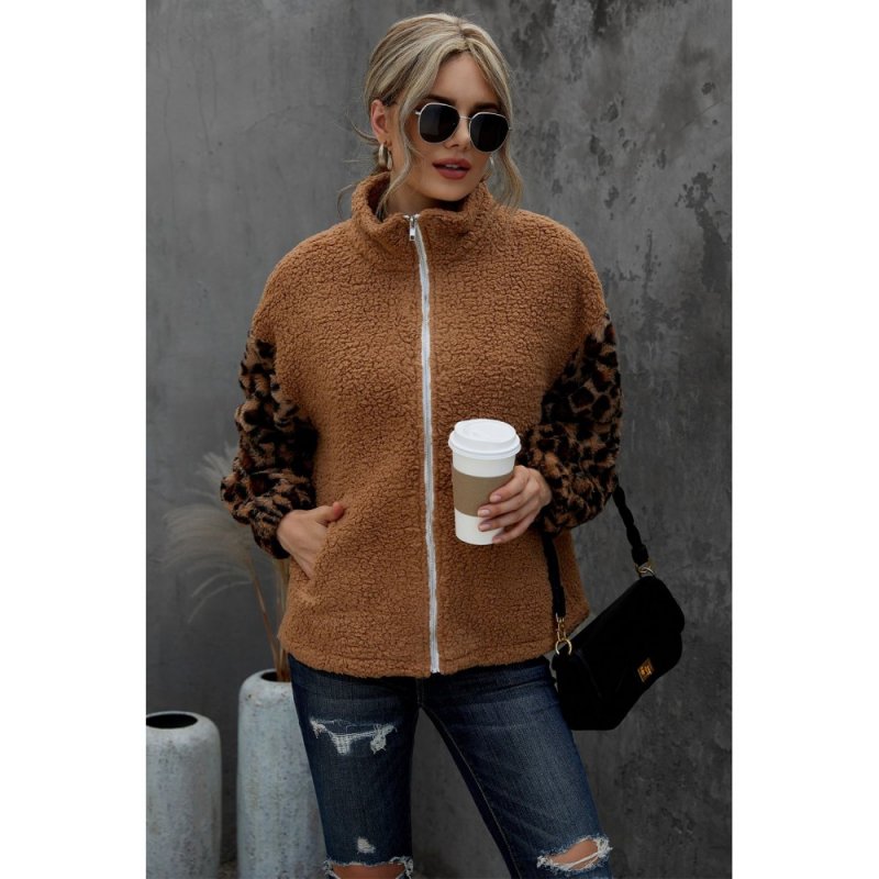 Brown Leopard Raglan Sleeve Zipped Sherpa Coat - from category Jackets & Coats (Dsipark.com | Best Online Shopping Website for Discounted Deals)