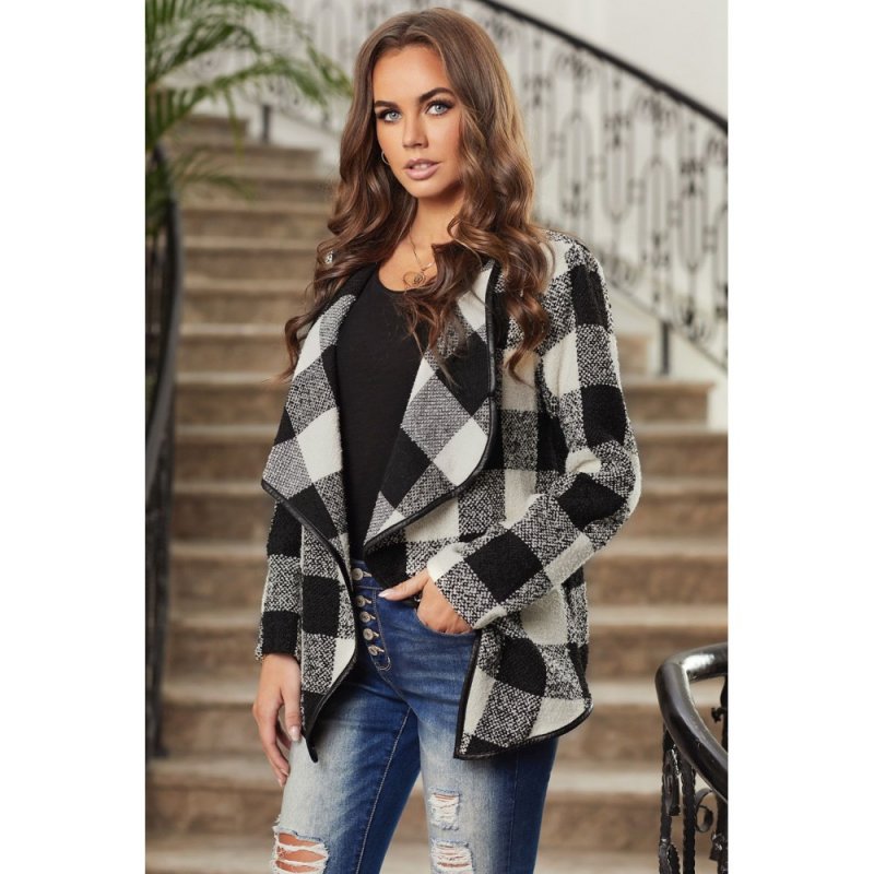 Black?Plaid Long Sleeve Asymmetric Collar Open Front Coat - from category Jackets & Coats (Dsipark.com | Best Online Shopping Website for Discounted Deals)