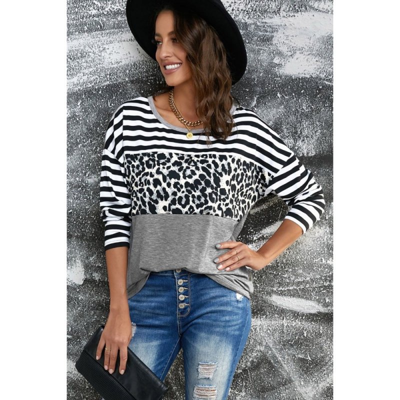 Striped Leopard Block Splicing Long Sleeve Top - from category Long Sleeve Tops (Dsipark.com | Best Online Shopping Website for Discounted Deals)