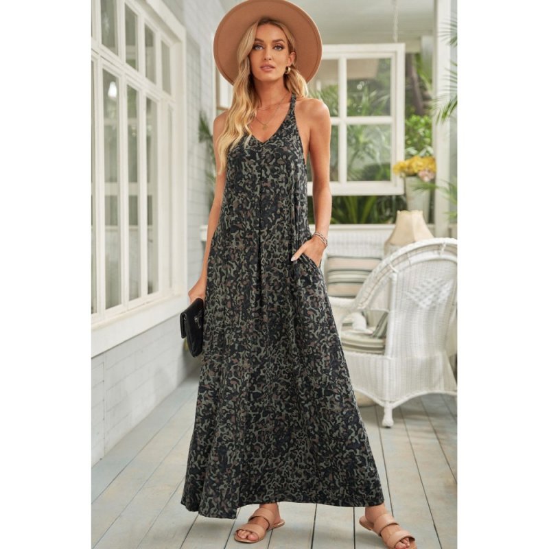 Green Leopard Sleeveless Cut-out Pocketed Maxi Dress - from category Maxi Dresses (Dsipark.com | Best Online Shopping Website for Discounted Deals)