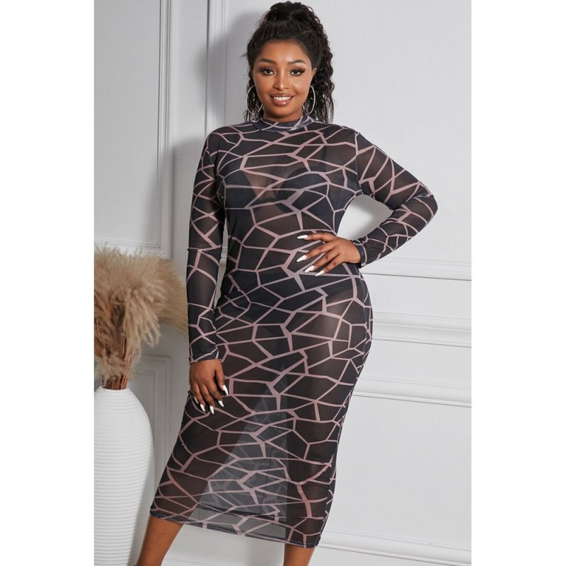 Geometric Print See-through Mesh Plus Size Midi Dress - from category Midi Dresses (Dsipark.com | Best Online Shopping Website for Discounted Deals)