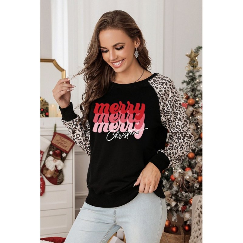 Christmas Letter Print Leopard Long Sleeve Shirt - from category Long Sleeve Tops (Dsipark.com | Best Online Shopping Website for Discounted Deals)