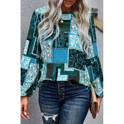 Blue Bohemian Floral Print Patchwork Top - from category Long Sleeve Tops (Dsipark.com | Best Online Shopping Website for Discounted Deals)