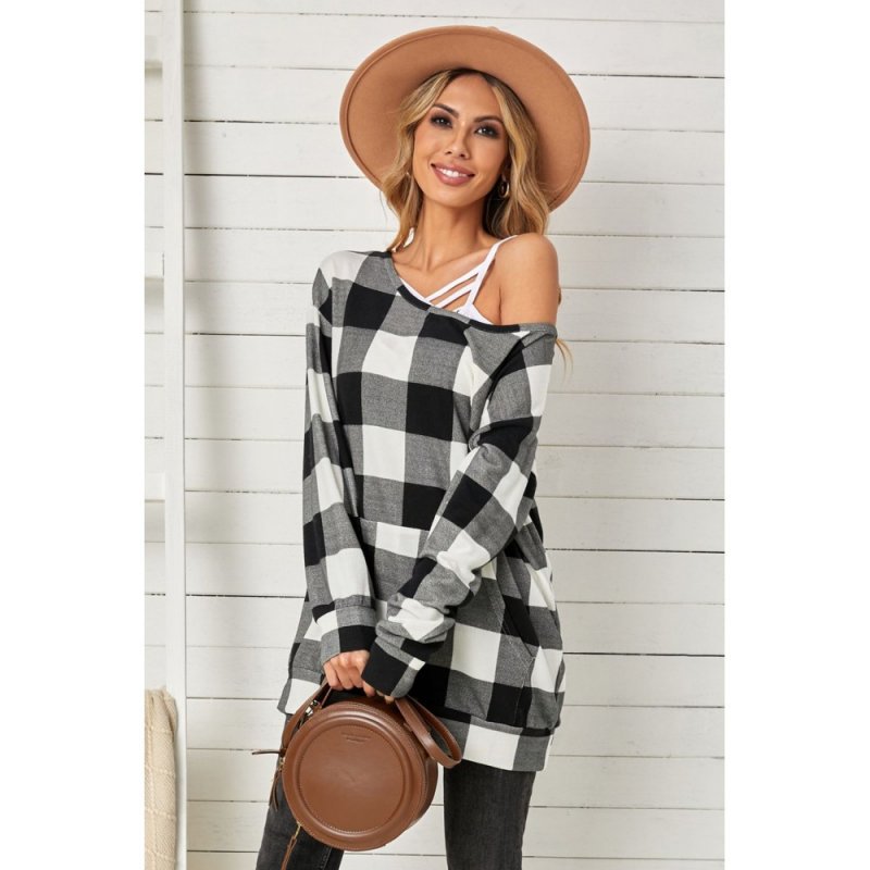 Plaid Kangaroo Pocket Long Sleeve Blouse - from category Long Sleeve Tops (Dsipark.com | Best Online Shopping Website for Discounted Deals)