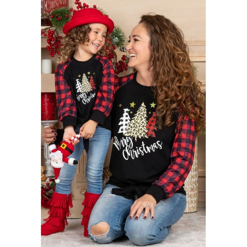 Family Matching Mom's Plaid Christmas Print Tie Knot Long Sleeve Top - from category Long Sleeve Tops (Dsipark.com | Best Online Shopping Website for Discounted Deals)