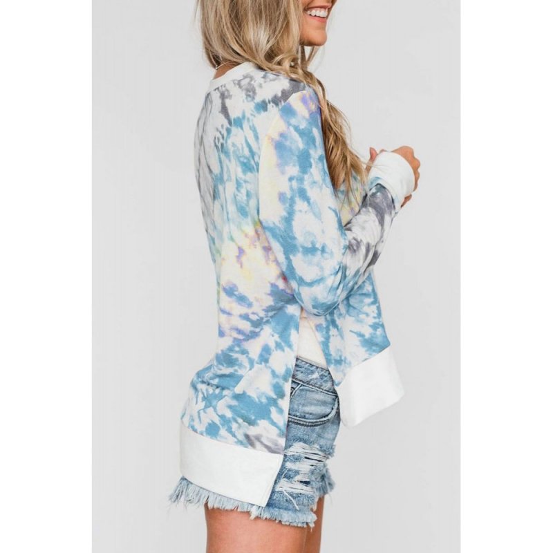Blue High Low Hem Tie-dye Print Top with Slits - from category Long Sleeve Tops (Dsipark.com | Best Online Shopping Website for Discounted Deals)