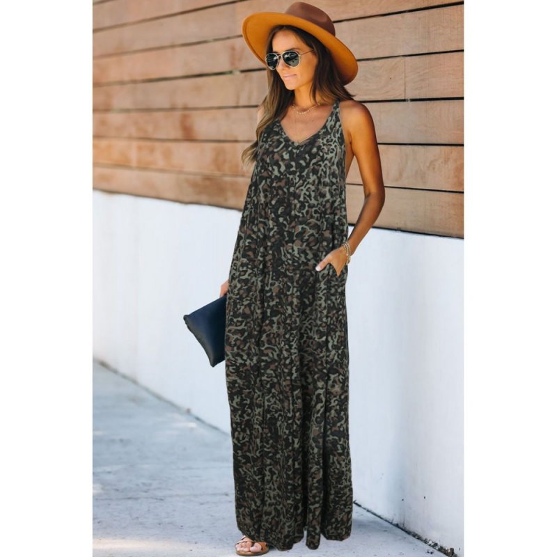 Green Leopard Sleeveless Cut-out Pocketed Maxi Dress - from category Maxi Dresses (Dsipark.com | Best Online Shopping Website for Discounted Deals)
