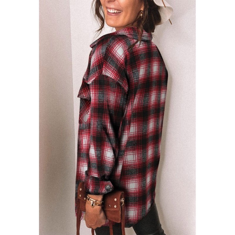 Red Plaid Button Closure Pocket Jacket - from category Jackets & Coats (Dsipark.com | Best Online Shopping Website for Discounted Deals)