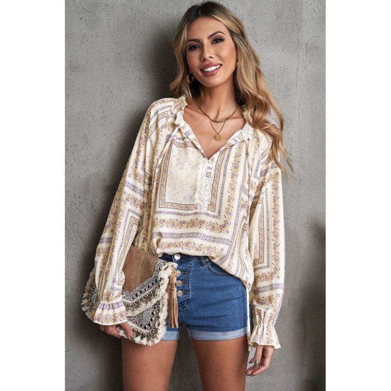 Beige V Neck Lantern Sleeve Drawstring Tribal Print Top - from category Long Sleeve Tops (Dsipark.com | Best Online Shopping Website for Discounted Deals)
