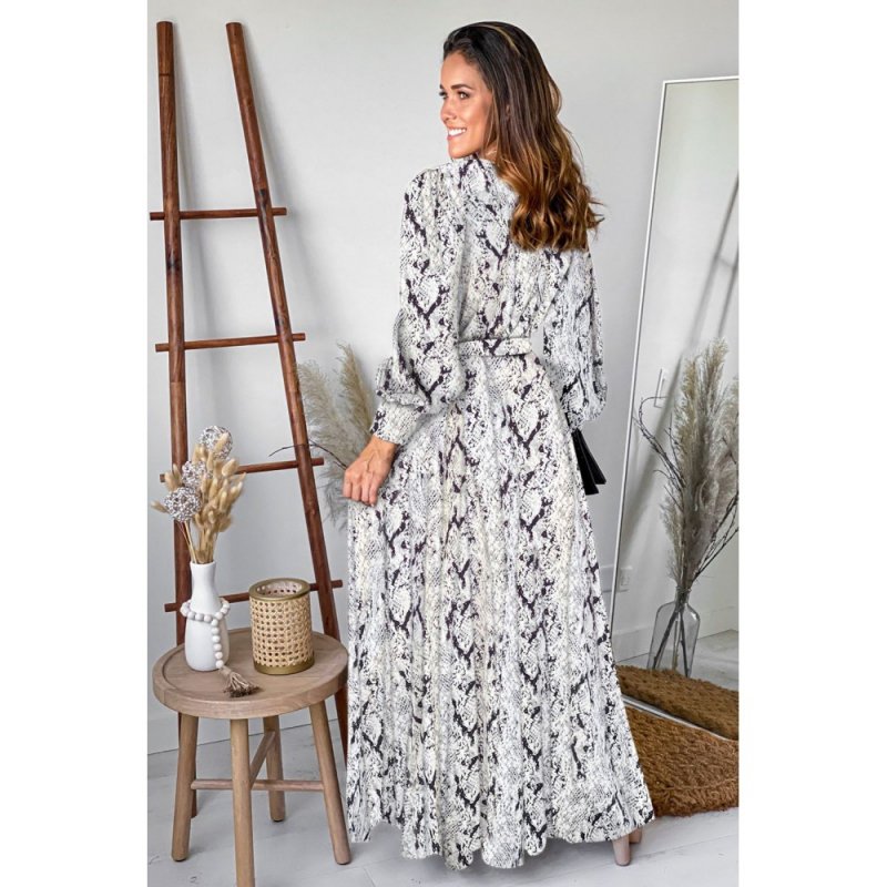 Gray Sexy V Neck Cuffed Sleeve Snakeskin Maxi Dress - from category Maxi Dresses (Dsipark.com | Best Online Shopping Website for Discounted Deals)