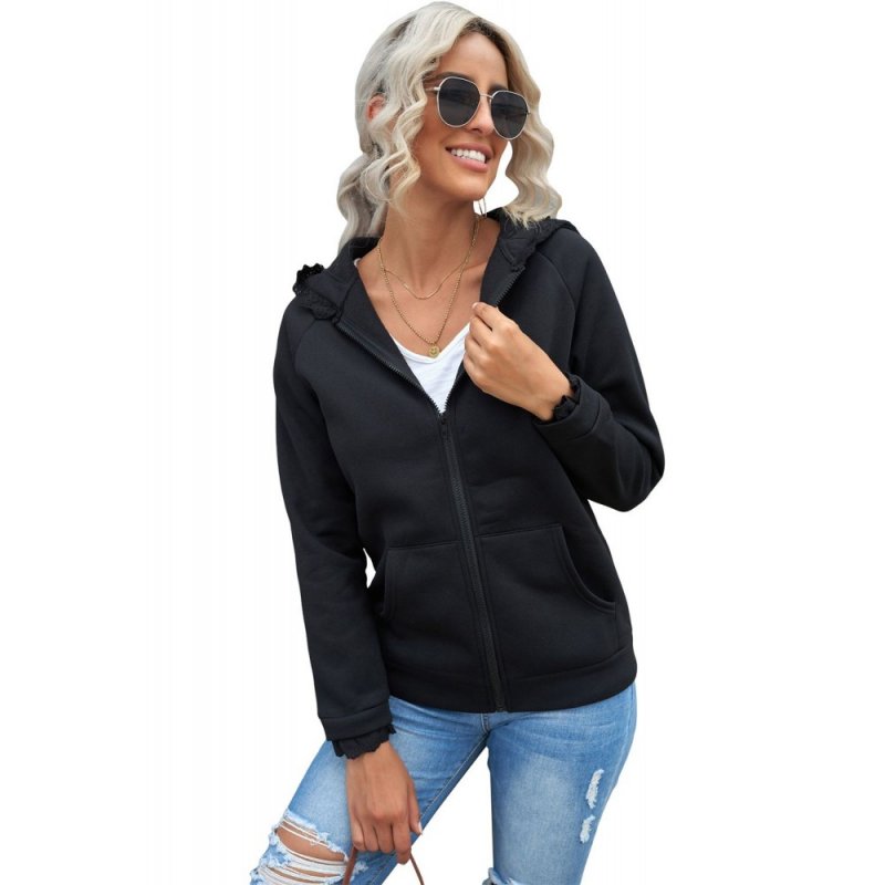 Black Zip-up Lace Trim Hooded Coat - from category Jackets & Coats (Dsipark.com | Best Online Shopping Website for Discounted Deals)