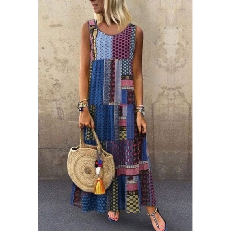 Blue Bohemian Splicing Round Neck Sleeveless Dress - from category Maxi Dresses (Dsipark.com | Best Online Shopping Website for Discounted Deals)