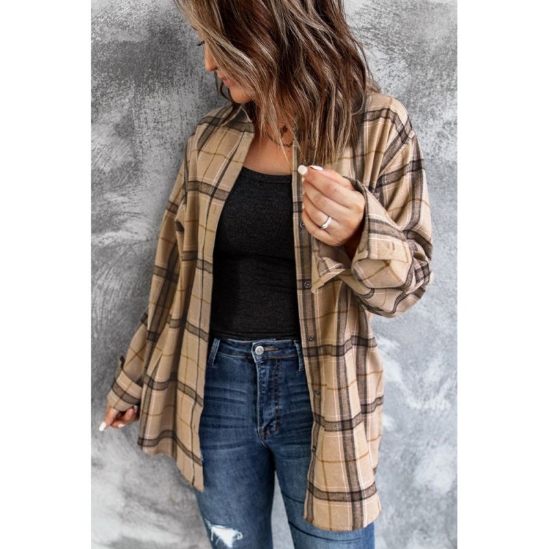 Brown Button-up Long Sleeve Plaid Shacket - from category Jackets & Coats (Dsipark.com | Best Online Shopping Website for Discounted Deals)