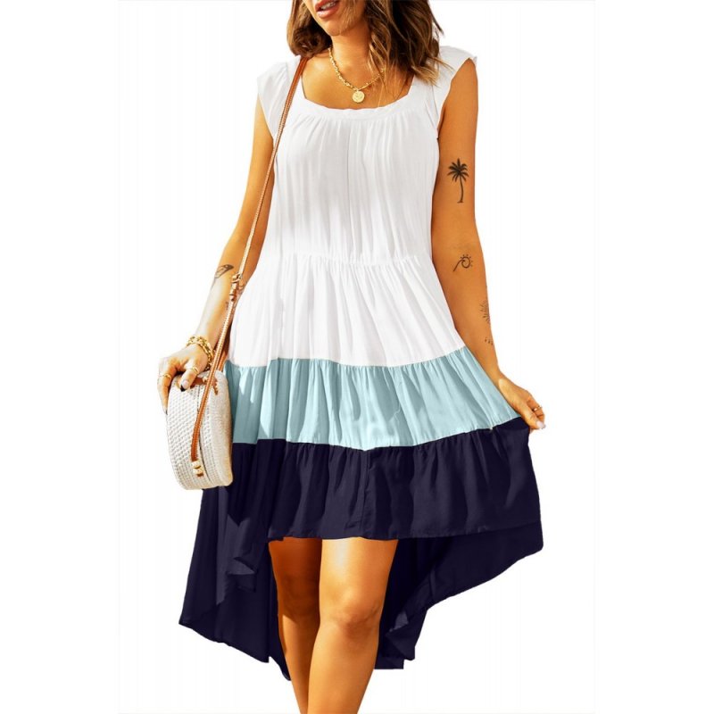 Blue High Low Tiered Colorblock Square Collar Midi Dress - from category Midi Dresses (Dsipark.com | Best Online Shopping Website for Discounted Deals)