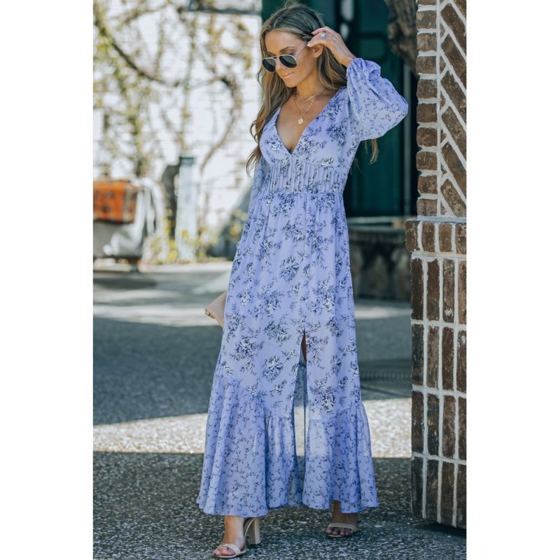 Sky Blue Floral Print Bubble Sleeves Hollow-out Back Maxi Dress - from category Maxi Dresses (Dsipark.com | Best Online Shopping Website for Discounted Deals)