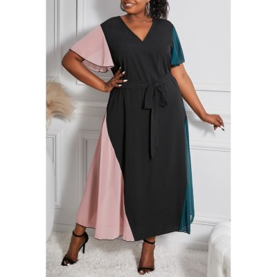 Color Block Lace-up V Neck Plus Size Maxi Dress - from category Maxi Dresses (Dsipark.com | Best Online Shopping Website for Discounted Deals)