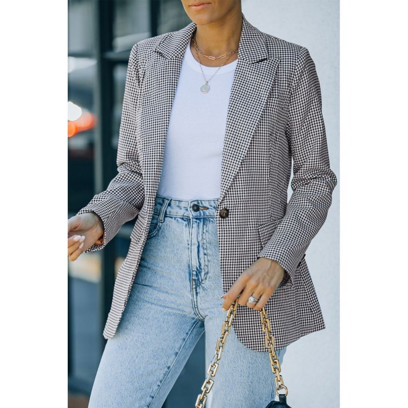 Black Plaid Print Lapel Collar Buttoned Blazer