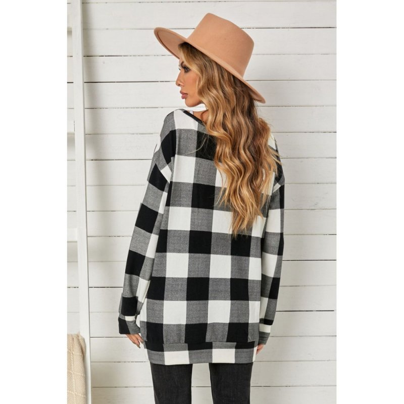 Plaid Kangaroo Pocket Long Sleeve Blouse - from category Long Sleeve Tops (Dsipark.com | Best Online Shopping Website for Discounted Deals)