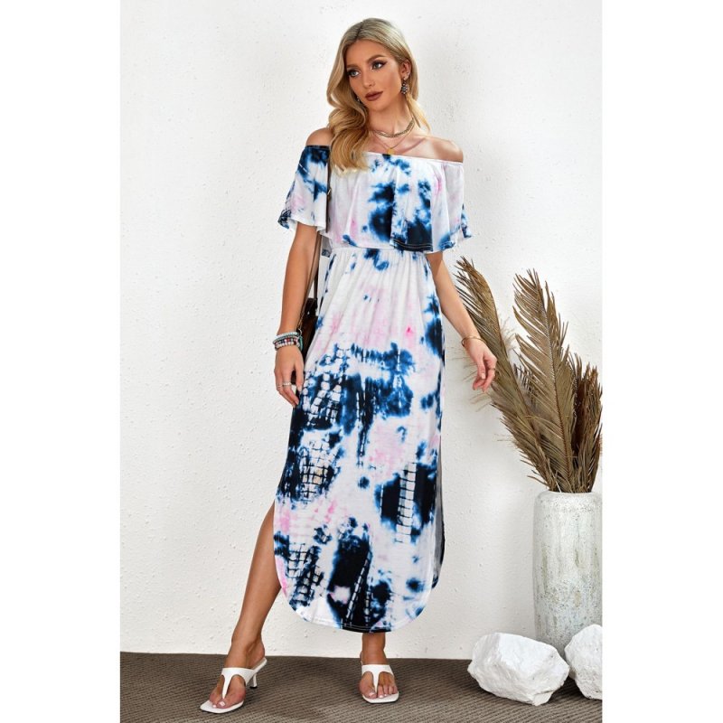 Ruffle Off Shoulder Neckline Tie-dye Maxi Dress with Slits - from category Maxi Dresses (Dsipark.com | Best Online Shopping Website for Discounted Deals)