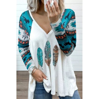 Western Aztec Geometric Feather Horse Blouse - from category Long Sleeve Tops (Dsipark.com | Best Online Shopping Website for Discounted Deals)