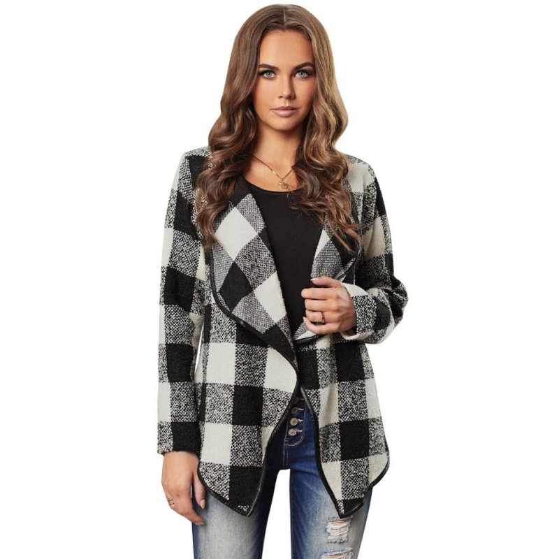 Black?Plaid Long Sleeve Asymmetric Collar Open Front Coat - from category Jackets & Coats (Dsipark.com | Best Online Shopping Website for Discounted Deals)